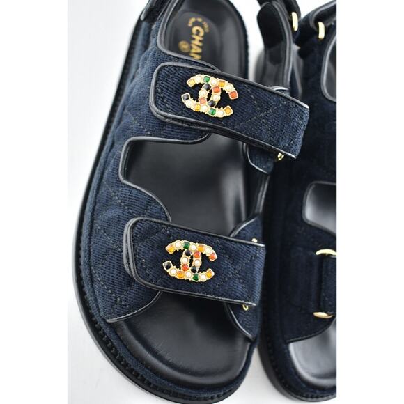 Chanel 21A Blue Velvet Denim CC Logo Mule Slide Strap Flat Teva Dad Sandal 40.5 - Picture 6 of 11